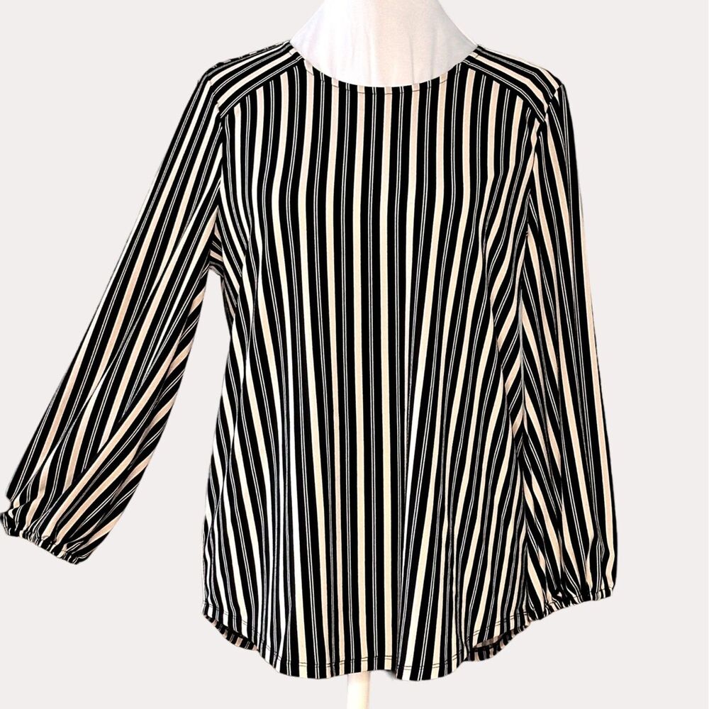 Adrianna Papell Slinky Knit Blouse Top Striped Black Tan S NWOT - Picture 2 of 8